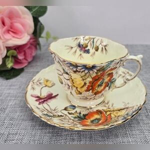Vintage Aynsley Poppies Teacup & Saucer Gold Rim‎ Textured Bone China